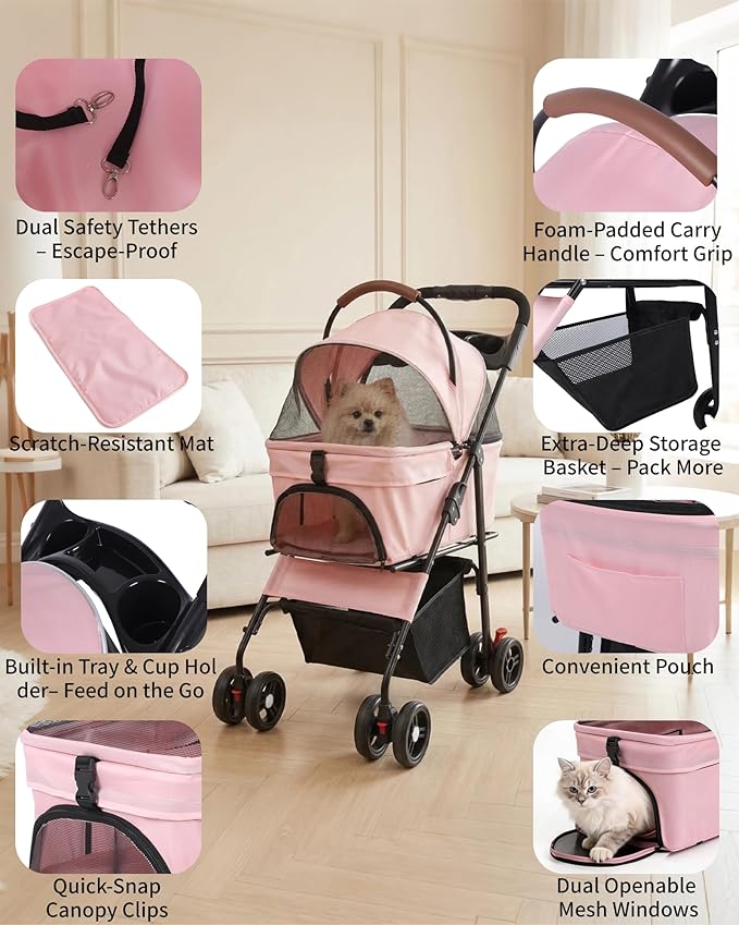 Pet Stroller with Removable Carrier, 35lbs Capacity - One-Click Foldable Dog Stroller, Cat Carrier & All-Terrain Wheels, Compact Travel Pet Stroller for Small to Medium Pets-Pink