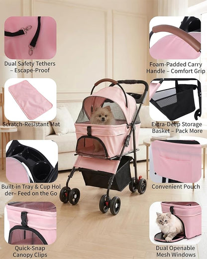 Pet Stroller with Removable Carrier, 35lbs Capacity - One-Click Foldable Dog Stroller, Cat Carrier & All-Terrain Wheels, Compact Travel Pet Stroller for Small to Medium Pets-Pink