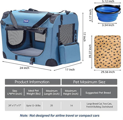 Petprsco Portable Collapsible Dog Crate, Travel Dog Crate 24x17x17 with Soft Warm Blanket and Foldable Bowl for Large Cats & Small Dogs Indoor and Outdoor