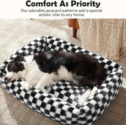 JOEJOY Dog Bed Medium Size Dog, Removable Washable Cover Orthopedic Soft Pet Bed, Anti-Slip Fluffy Plush Faux Rabbit Fur Puppy Bed, 30"x24"x8", Checkered, Black