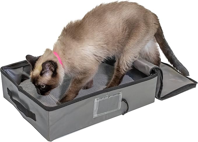 SportPet Designs Portable Travel Litter Box for Cats, Large Collapsible Litter Box with Zippered Lid, Water-Resistant & Leak-Resistant Cat Litter Tray for Travel, Gray