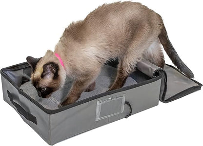 SportPet Designs Portable Travel Litter Box for Cats, Large Collapsible Litter Box with Zippered Lid, Water-Resistant & Leak-Resistant Cat Litter Tray for Travel, Gray
