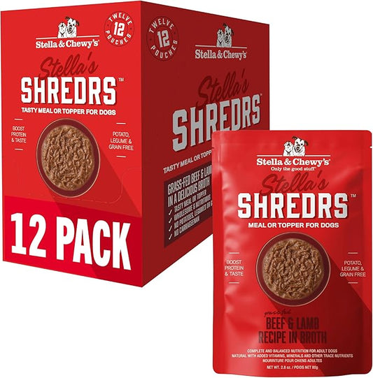 Stella & Chewy's Grass Fed Beef & Lamb Shredrs - Premium Dog Food Pouches - Perfect for Picky Eaters - 12 Pack, 2.8oz Each