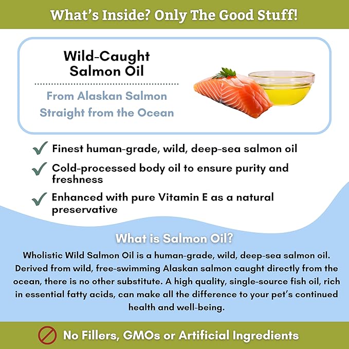 Wholistic Pet Organics Wild Alaskan Salmon Oil for Dogs and Cats - Omega 3 Fish Oil for Dogs & Cats - Cat & Dog Skin and Coat Supplement for Heart, Joints - DHA, EPA Omega 3 Liquid Food Topper - 8 oz