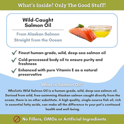 Wholistic Pet Organics Wild Alaskan Salmon Oil for Dogs and Cats - Omega 3 Fish Oil for Dogs & Cats - Cat & Dog Skin and Coat Supplement for Heart, Joints - DHA, EPA Omega 3 Liquid Food Topper - 16 oz