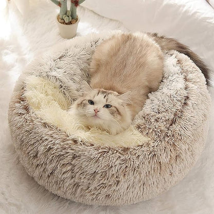 Cat Bed Round Fluffy Hooded Cat Bed Cave, Anti-Anxiety Cave Bed with Hooded Blanket, Cozy Cuddler Luxury Puppy Pet Bed, Anti-Slip Bottom and Machine Washable (Coffee, Large)