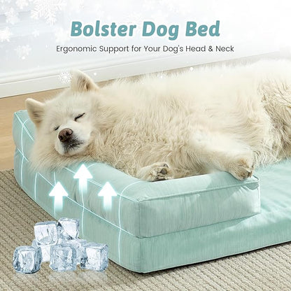 COZY KISS Cooling Dog Bed for Extra Large Dogs, Q-Max >0.4 Summer Cool Orthopedic Foam Pet Sofa Bed with Sides, Bolster Anti-Slip Couch with Washable Removable Cover, XXL 48x35x7.5 inch, Green
