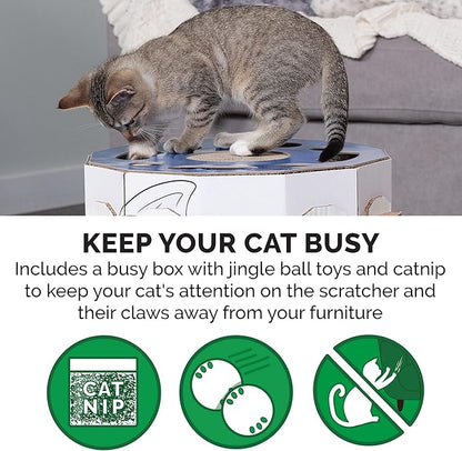 Furhaven Cardboard Hideout w/ Catnip for Indoor Cats, Ft. Scratching Pad, Ball Track, & Toys - Kitty Hideaway Corrugated Cat Scratcher House - Cat Print, One Size