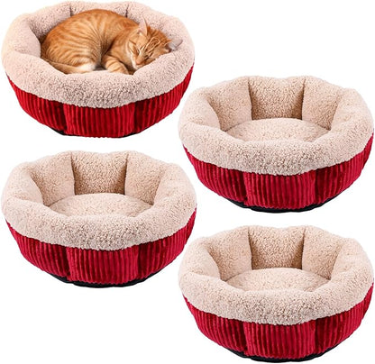 AceOrbit 4 Pack Cat Bed Bulk 20in Self Warming Pet Beds for Small Cats Dogs Washable Red Round Donut Calming Bed with Anti-Slip Bottom Pet Gift Winter for Small Medium Cats and Dogs Puppy Kitten