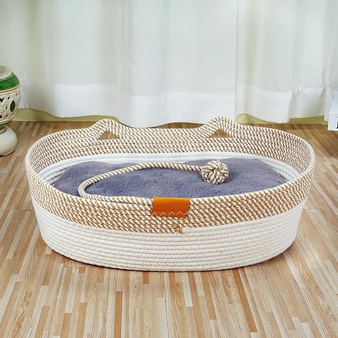 Pet Beds for Cats, Cat Beds for Indoor Cats 19.69"×13.78"×6.30",Cotton Rope Oval Cat Bed for All Seasons (with Cooler Straw Mat and Cotton Mat Both), Suitable for cats＆dogs (Two-Tone - Plush, Medium)
