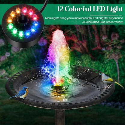 Bird Bath Fountains with 12 LED Lights, 24 Hour Working Fountain Pump with Light, Adjustable Watering Submersible Pump for Outdoor Water Garden, Pond (Colorful)