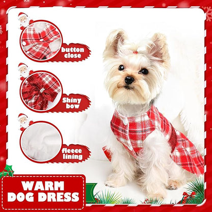Yikeyo Dog Sweater Dress,Fleece Lining Plaid Dog Dress Sequins Bow-Knot Clothes Girl Pet Sweater Coats Cat Outfits Red,Small