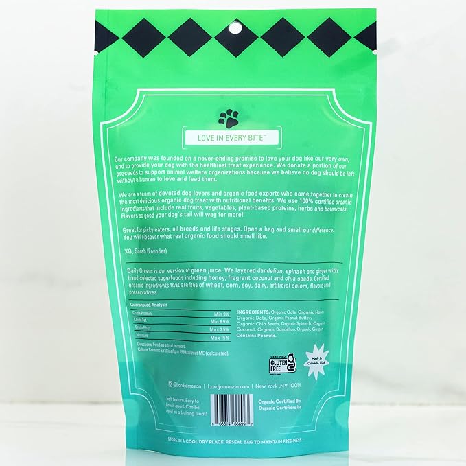 Lord Jameson Daily Greens Soft & Chewy Organic Dog Treats - Digestion Supporting Spinach, Dandelion, & Ginger - No-Bake, Gluten-Free, Preservative-Free, USDA Certified Organic - Made In USA 6 oz