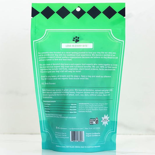 Lord Jameson Daily Greens Soft & Chewy Organic Dog Treats - Digestion Supporting Spinach, Dandelion, & Ginger - No-Bake, Gluten-Free, Preservative-Free, USDA Certified Organic - Made In USA 6 oz
