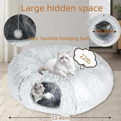 Cat Bed, cat Tunnel, Foldable Machine Washable Plush cat Bed, Grey (33.46 inches), with Hanging Toys, Suitable for Multiple