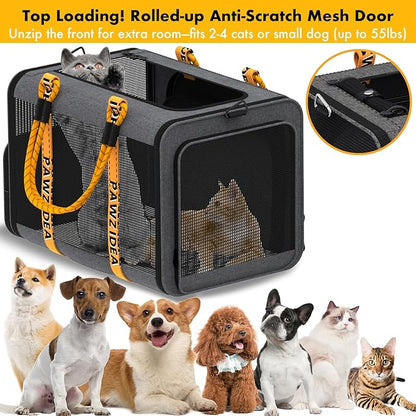 PAWZIDEA Large Pet Carrier Expandable, 24"×16"×16" Soft-Sided Cat Carrier for 2–4 Cats up 55lb, Portable & Collapsible Small Medium Dog Travel Crate for Car, XL Storage Pocket, ID Card, Shoulder Strap