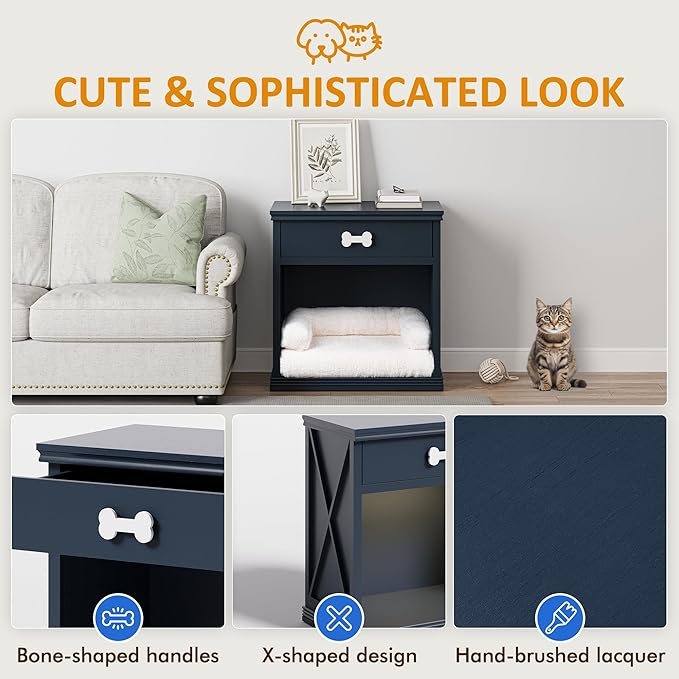 Vintage Small Storage Cabinet with Led Light and Pet Bed, Hidden Cat Litter Box with Drawer and Semi-Open Space