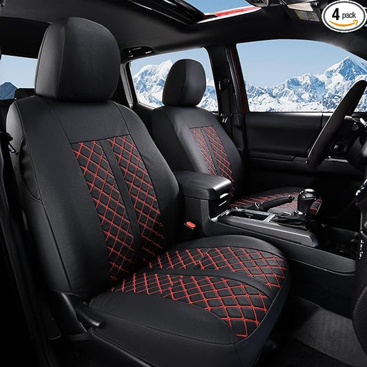 Truckiipa 2 Front Tacoma Seat Covers Leather Car Seat Covers Waterproof Truck Seat Cushion Protector Covers Fit for 2016-2023 Toyota Tacoma Double Crew Cab, Front Pair, Black&Red