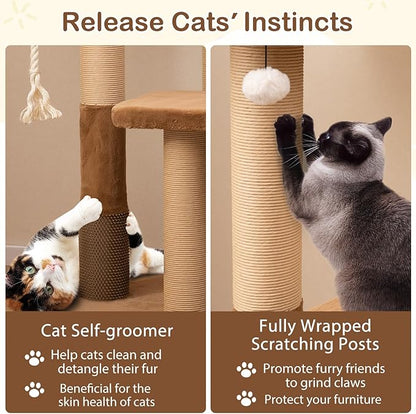 PETSITE 44-inch Modern Cat Tree for Indoor Cats, Multi-Level Cat Tower with Paper Rope Scratching Posts, Self Groomer, Sisal Rope, Soft Faux Rabbit Fur Covered Platforms, and Dangling Ball
