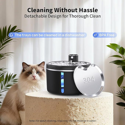 Cat Water Fountain Cordless, 108oz/3L Pet Fountains for Cats Indoor with Stainless Steel Tray, Battery Operated Cat Drinking Fountain with Motion Sens