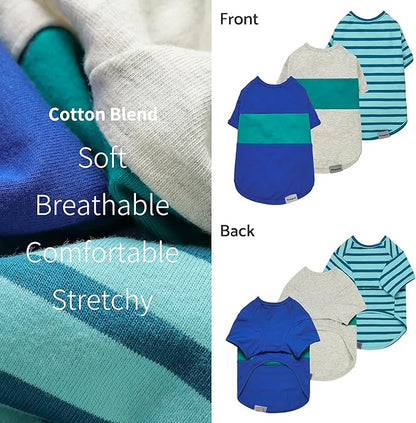 Fitwarm 3 Pack Color Block Striped Dog Shirt, Summer Dog Clothes for Small Dogs, Breathable Lightweight Pet Tshirt with Sleeves, Cat Outfit, Royal Blue, Gray, Teal, XXL