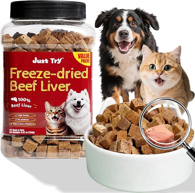 Just Try 8.82 oz Freeze-Dried Beef Liver for Dogs & Cats – Single Ingredient Dog Treats & cat Treats, High Protein, Grain-Free, Rich in Iron & Vitamin A,Healthy Training Treats
