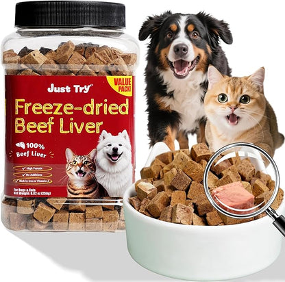 Just Try 8.82 oz Freeze-Dried Beef Liver for Dogs & Cats – Single Ingredient Dog Treats & cat Treats, High Protein, Grain-Free, Rich in Iron & Vitamin A,Healthy Training Treats