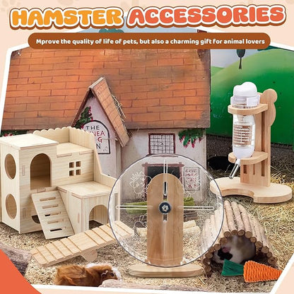 18 Pcs Hamster Cage Accessories, Silent Hamster Wheel, 15 Chew Toys Set, Maze Wood House and Water Bottle Set for Rat Mice Small Animals Habitat (Fun Interactive Style)