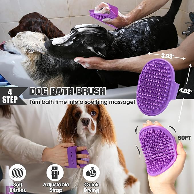 Bonteck Dog Slicker Brush for Dogs Grooming Kit 4PCS | Large Dog Brush for Goldendoodles Poodles Doodles | Long Pin Haired Brush | Poodle Brushes and Comb (Purple)