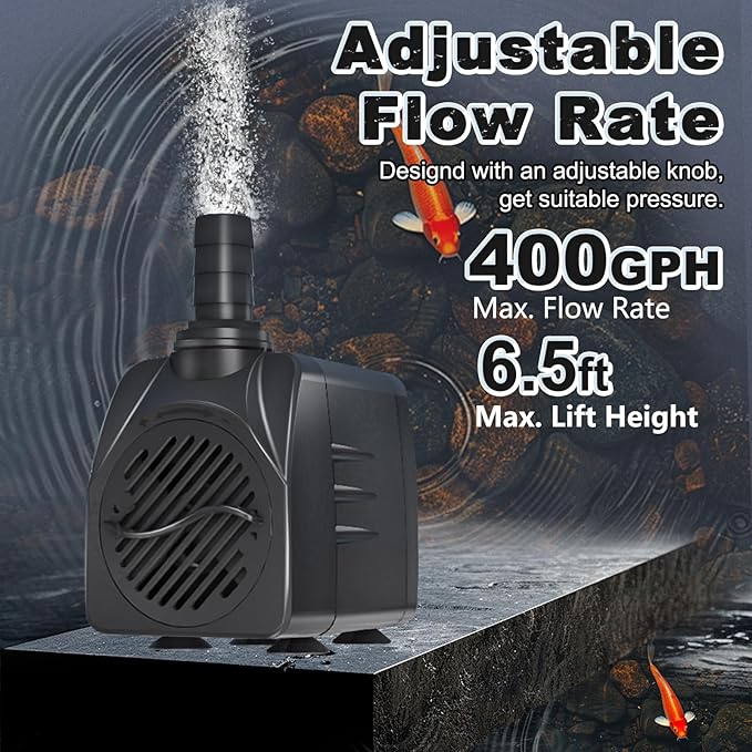 SongLong 400GPH Submersible Water Pump 6.5ft High Lift for Fountains | Ultra-Quiet with Over Heating Protection, Perfect for Hydroponic, Small Pond, Aquarium, Fountain Outdoor