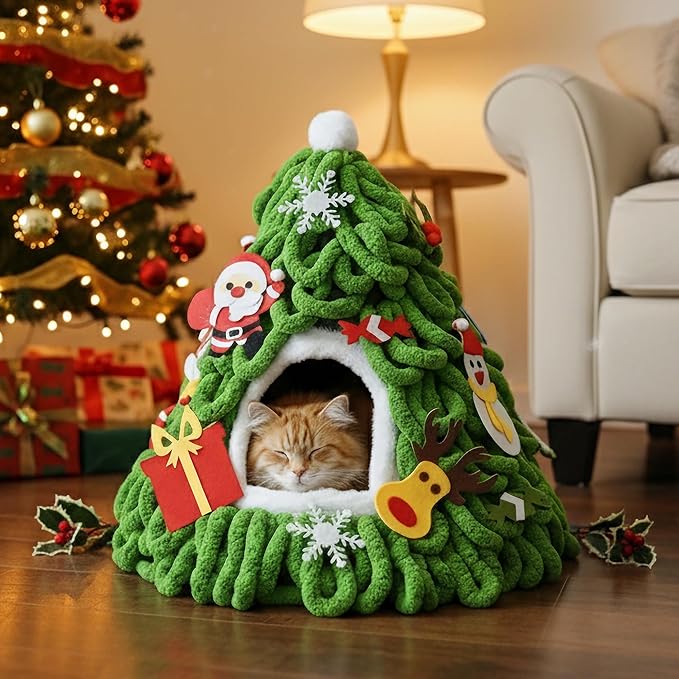 PETKARAY Cat Cave Bed for Indoor Cats, Pre-Assembled Cozy Felt Cat House with Plush Cushion, Christmas Tree–Inspired Design