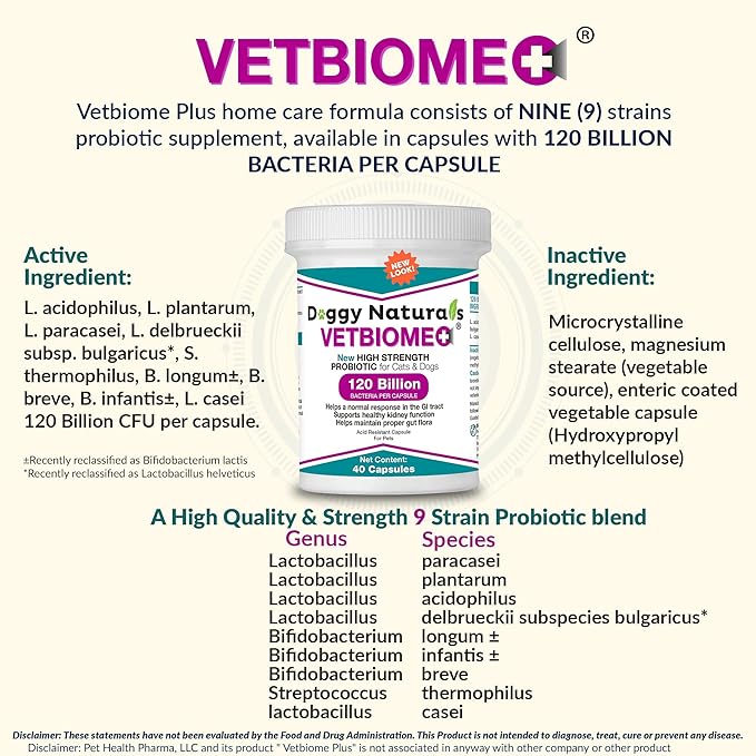 Vetbiome Plus High Strength Probiotics for Pets (120 Capsules) - 120 Billion CFU, 9 - Strain Formula – Third Party Tested - Made in U.S.A (120 Caps (3 Pack))