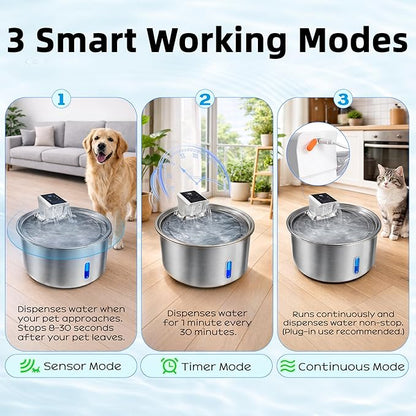7L Stainless Steel Pet Water Fountain, Cordless Battery Powered for Cats & Dogs, Quiet Flow Automatic Dispenser with 4 Filters Included