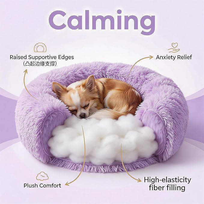 Tiny Dog Bed 15 Inch for Extra Small Dogs,Washable Puppy Bed,Soft Faux Fur Calming Donut Bed for Chihuahua Yorkie Maltese Pomeranian,Purple