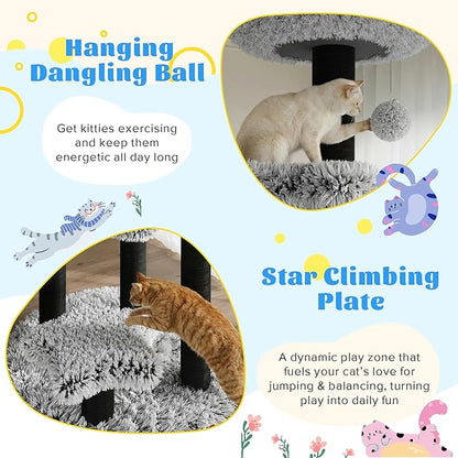 SHA CERLIN 61.5in Cat Tree Tower, Multi-Level Activity Center with Cozy Perch, Star-Shaped Platform, Moon Jumping Board, Sisal Scratching Posts, Hanging Toy Balls for Indoor Feline, Black and White