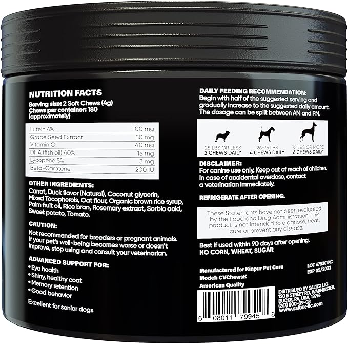 Eye Vitamins for Dog Eye Health & Tear Stains - Clear Vision Soft Chews for Dog Eye Care & Immune Support with Lutein, Lycopene, Vitamin C, Carrot, Fish Oil for All Breeds and Ages - 180ct