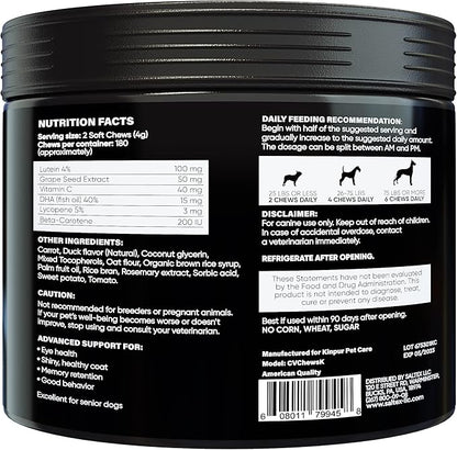 Eye Vitamins for Dog Eye Health & Tear Stains - Clear Vision Soft Chews for Dog Eye Care & Immune Support with Lutein, Lycopene, Vitamin C, Carrot, Fish Oil for All Breeds and Ages - 180ct