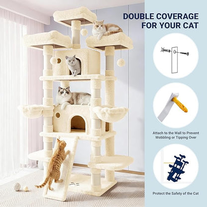 Allewie 82 Inches Large Cat Tree/House/XXL Tall Cat Towers for Big Feline/Scratching Post/Multi-Level Large Kitty Climbing Tree with Condo/Beige
