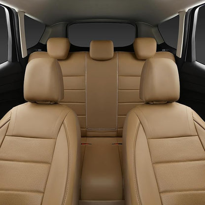CAR PASS Piping Leather Seat Cover,Universal FIT with Composite Sponge Inside,Airbag Compatible and Reserved Opening Holes,Inside zipper for Cars,Sedan,SUV,Truck(Full Set,Beige with Tan Piping-Stripe)