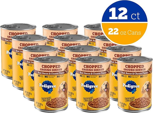 Pedigree Chopped Ground Dinner Adult Soft Wet Dog Food Bacon & Cheese Dinner, Canned Dog Food, 22 oz. Cans, 12 Count