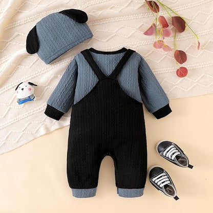 FOCUTEBB Baby Boy Clothes Cute Long Sleeve Romper Infant Pocket Overalls Adjustable Suspender Pants Set 0-18 Months