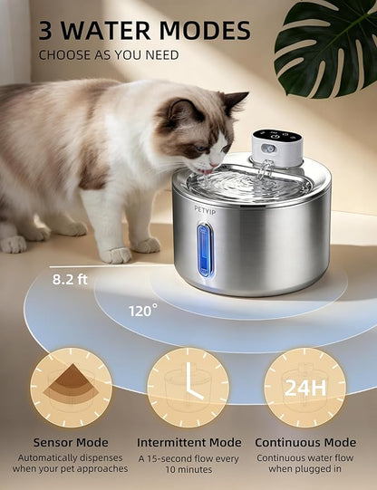 Cat Water Fountain Stainless Steel,135 Fl Oz/4L Wireless Automatic Cat Water Dispenser,5000mAh Battery Powered,for Cats & Dogs Indoor (Cat Fountain + 2 Set Filter)