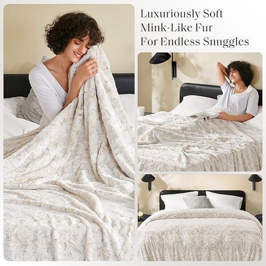 Madison Park Ultra-Soft Poly Fur Blanket Queen Size, Reversible Plush, All Season & Lightweight Queen Fuzzy Blanket for Bed, Couch & Sofa, Zuri, Full/Queen Snow Leopard