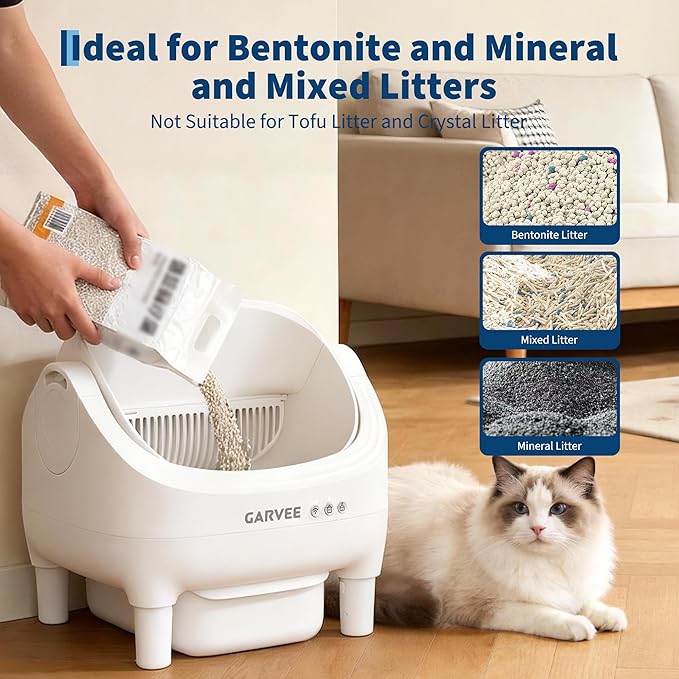 Self Cleaning Litter Box, Automatic Cat Litter Box with APP Control, Odor-Free Waste Disposal Includes Trash Bags, Large Waste Bin, Open-Top Automatic Litter Box for Multiple Cats, White