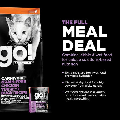 Go! Solutions Carnivore Chicken, Turkey + Duck Grain-Free Dry Cat Food, Our Highest-Protein Kibble Made with Real Meat & Fish, Cranberries for Urinary Health, for Kittens, Adults & Seniors, 16 lb Bag