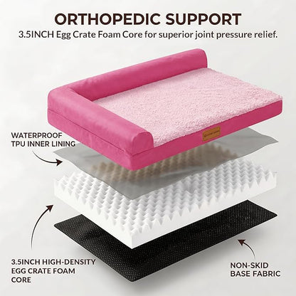 Patas Lague Orthopedic Dog Bed Large Sized Dog 36''X24'', Waterproof L Bolster Medium Pet Sofa Beds with Removable Washable Cover, Soft Comfortable Pet Couch Crate Mat with Nonskid Bottom, Pink