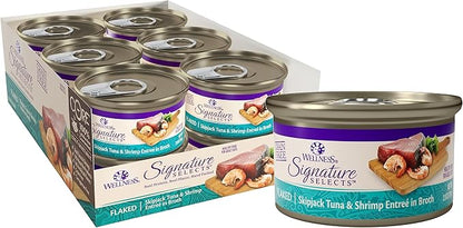 Wellness CORE Signature Selects Shredded Adult Canned Wet Cat Food, Natural, Protein Rich, Grain Free, Skipjack Tuna and Shrimp Entrée Recipe, 2.8 oz, Pack of 12 Cans