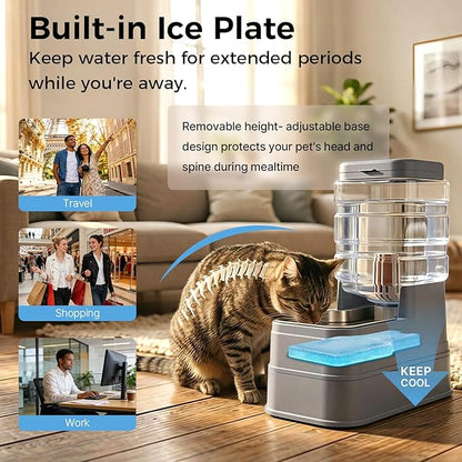 Automatic Cat Feeder and Water Dispenser with Stainless Steel Bowl with Ice Pack Gravity Food Feeder and Waterer Set Feeding Raised Bowls with Filter for Dog 1.3 Gallon x 2(Grey)