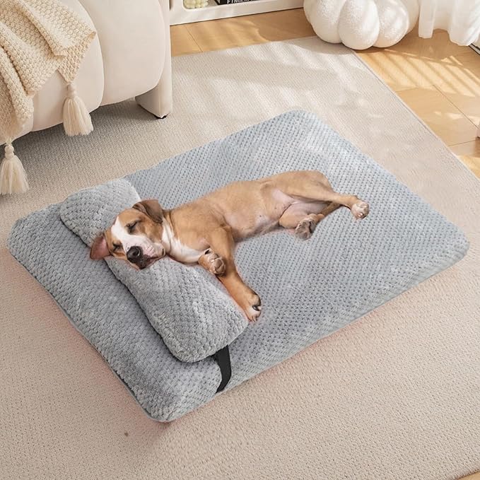 huraty Orthopedic Dog Bed with Bolster Pillow, Soft Plush Pet Bed Mat Non-Slip Bottom, Washable Pet Bed Mattress for Crate Kennel Suitable for Pets Up to 10 lbs, Grey 19.6x15.7x2 in