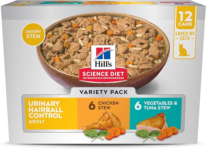 Hill's Science Diet Adult Urinary & Hairball Control Wet Cat Food Variety Pack, Chicken Stew, Vegetables & Tuna Stew, 2.9 oz. Cans, 12-Pack